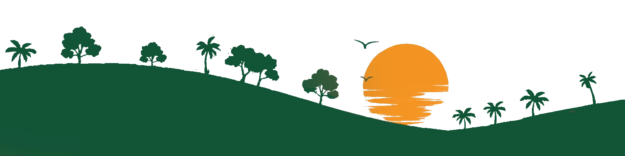 Illustration of rural Bangladesh landscape with green hills, trees, and sunset.