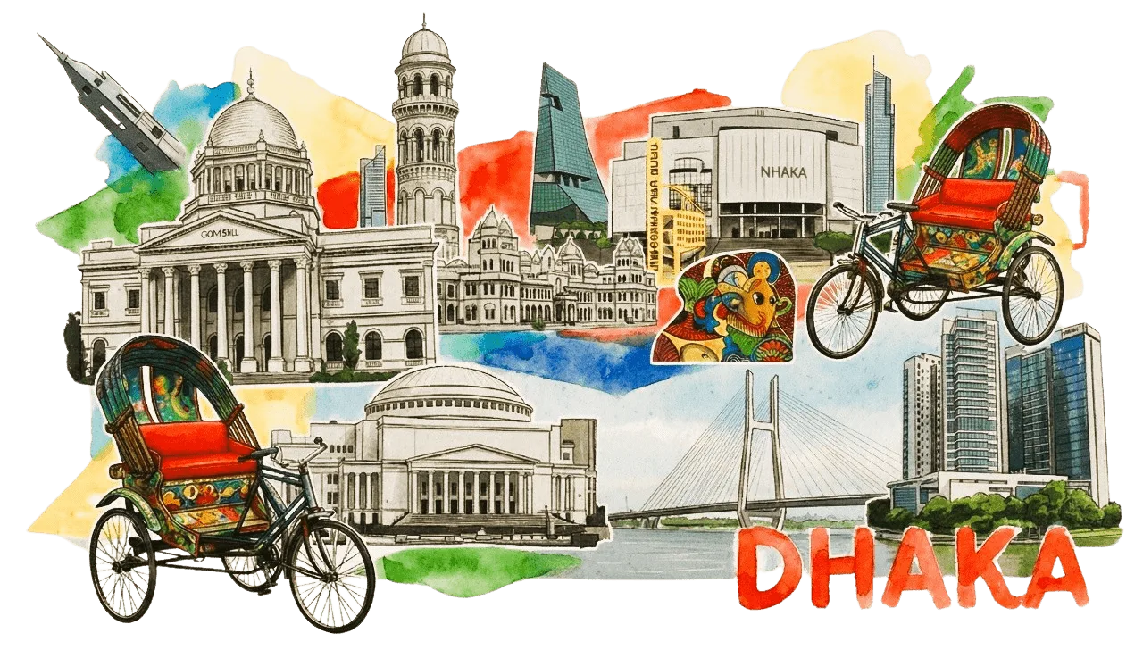 Illustration of Dhaka city showing heritage landmarks, rickshaws, and modern architecture.