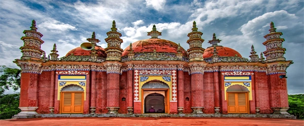 Historic Karapur Mia Bari Masjid with ornate domes in Barisal, Bangladesh.